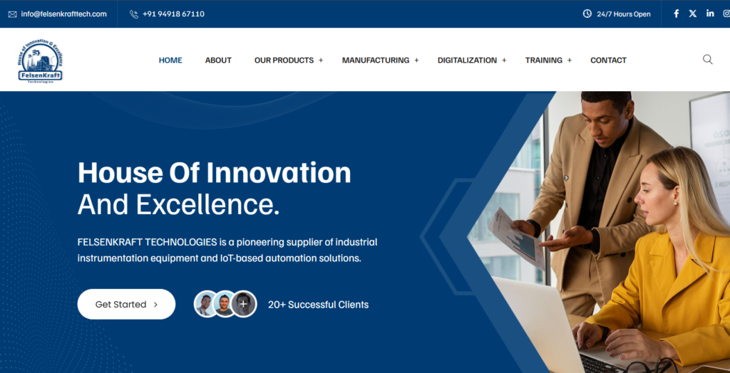 Industrial automation website displaying IoT solutions, machinery systems, and engineering services for business growth
