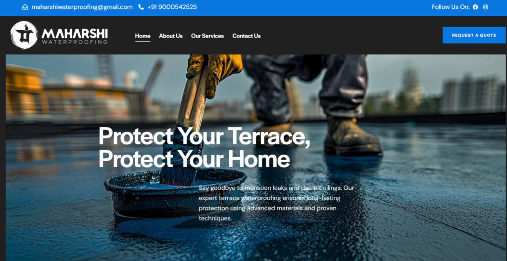 Waterproofing services website showcasing terrace, wall, and tank solutions for local business in Hyderabad