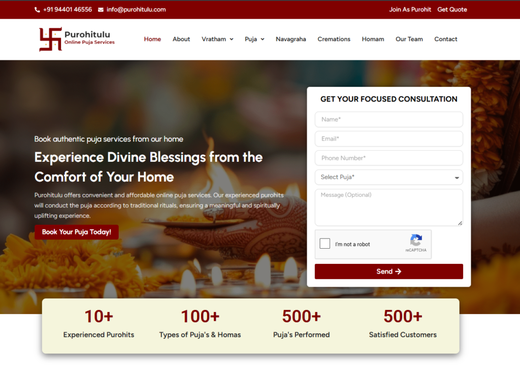 Online puja services website design with spiritual interface and booking system for Hyderabad-based platform